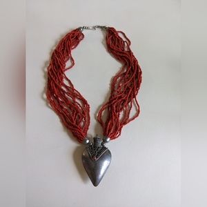 Vintage red seed bead silver heart necklace